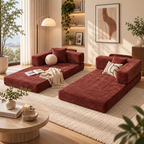 Burgundy folding sleeper sofa separated into two low chaise lounges styled with decorative pillows, a cream throw, and an open magazine in a living room by HavvakHome.