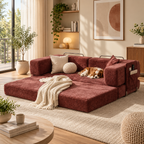 Burgundy sleeper sofa unfolded into a wide floor bed with a sleeping dog, round cream cushion, throw, side storage pocket, and metal rails by HavvakHome.