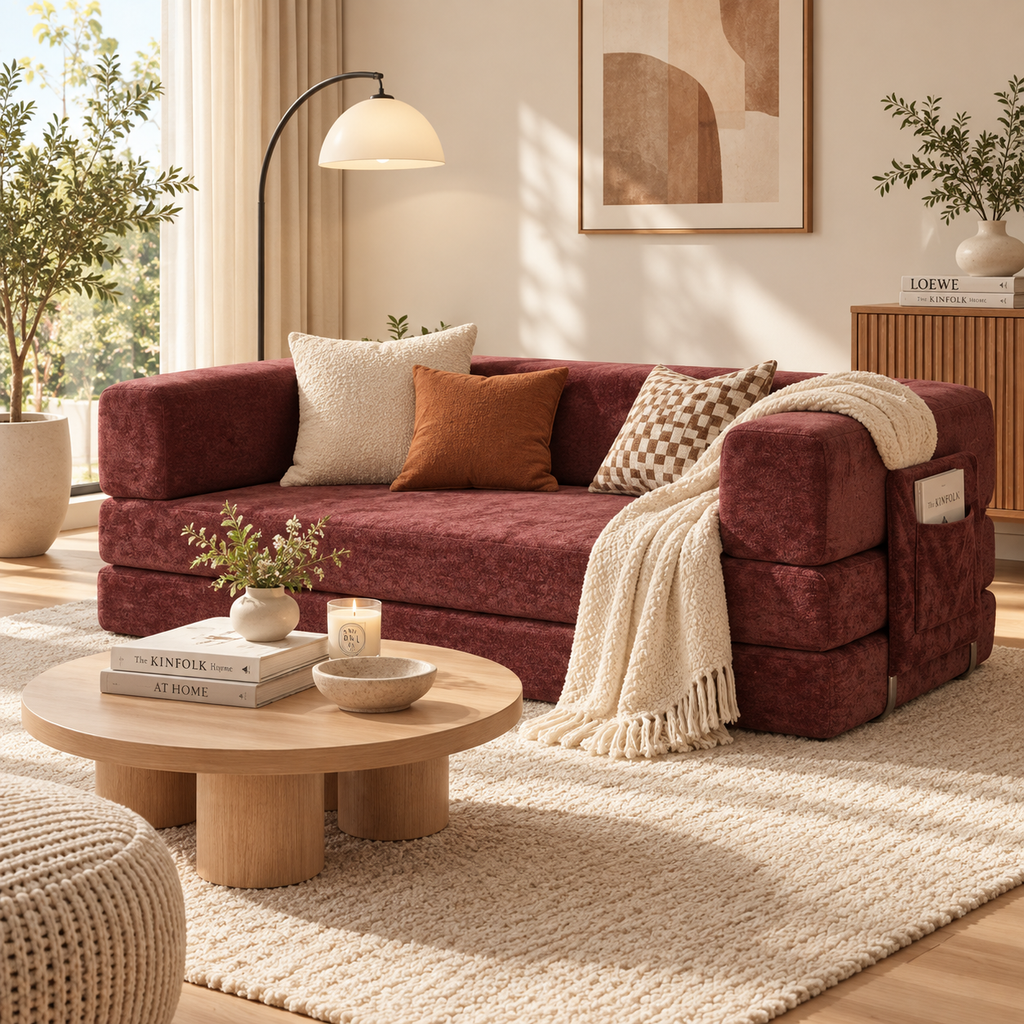 Burgundy folding sleeper sofa in upright configuration with cream, rust, and checker pillows, a cream throw, side magazine pocket, and round wood coffee table by HavvakHome.