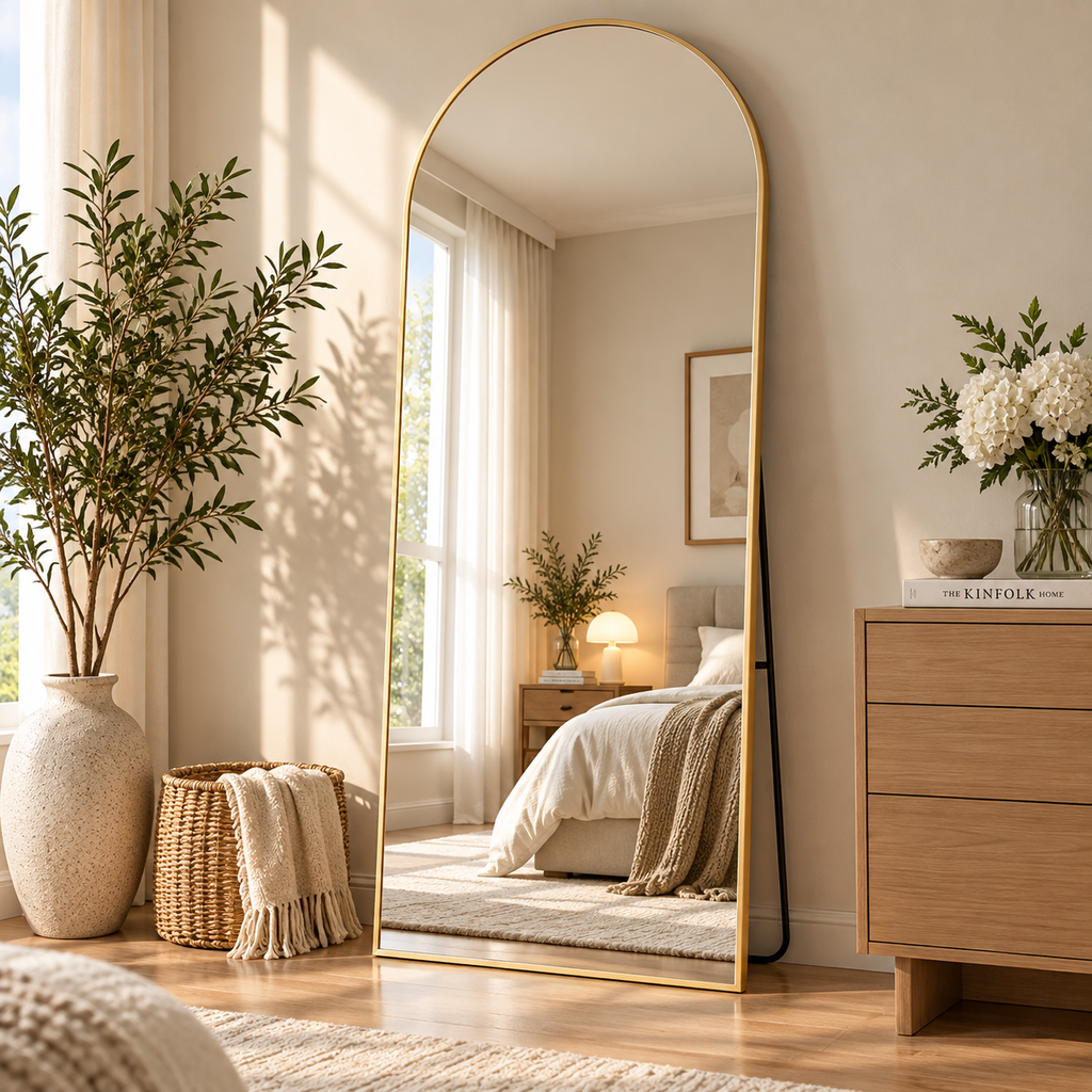 Warm aesthetic bedroom styled with a luxury oversized arched full length floor mirror by HavvakHome.