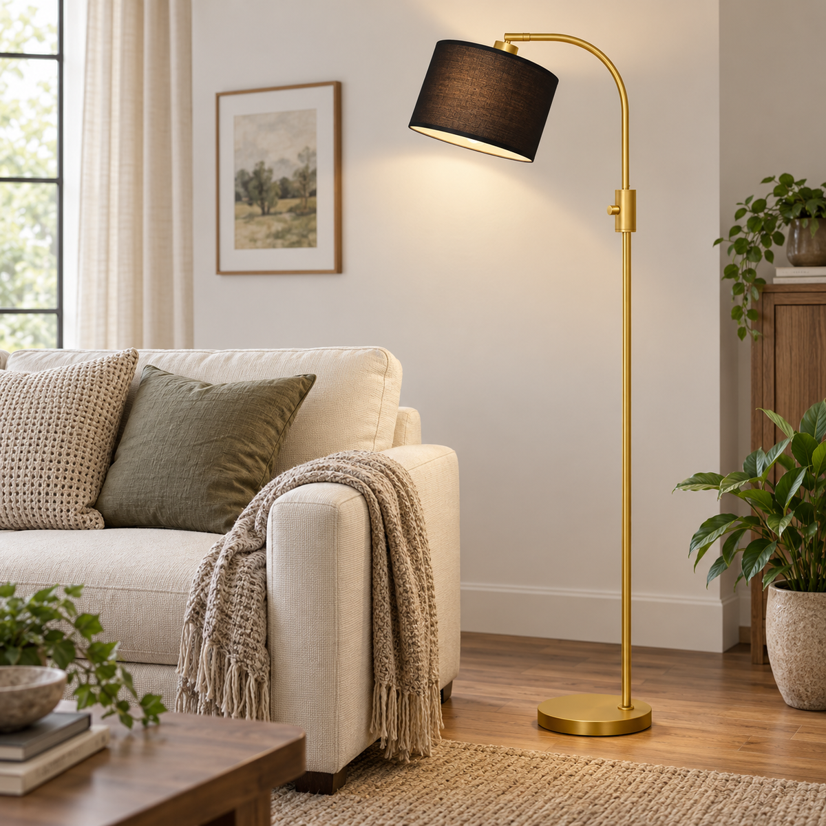Gold arc floor lamp with a tilted black shade beside a cream sofa.