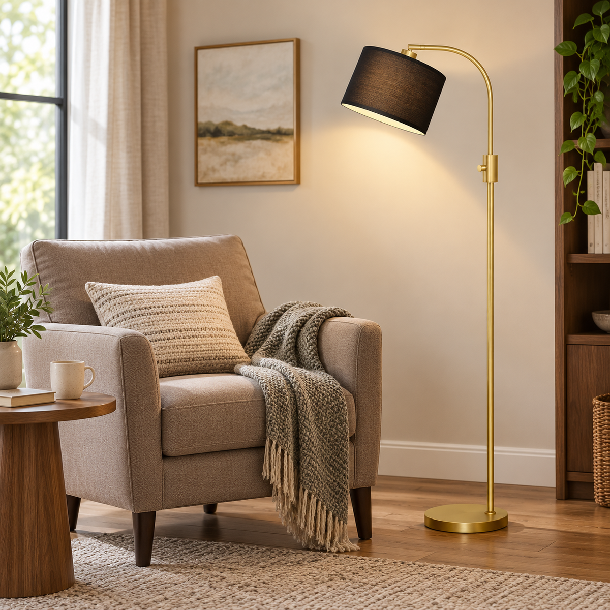 Gold arc floor lamp with a tilted black shade beside a taupe armchair.