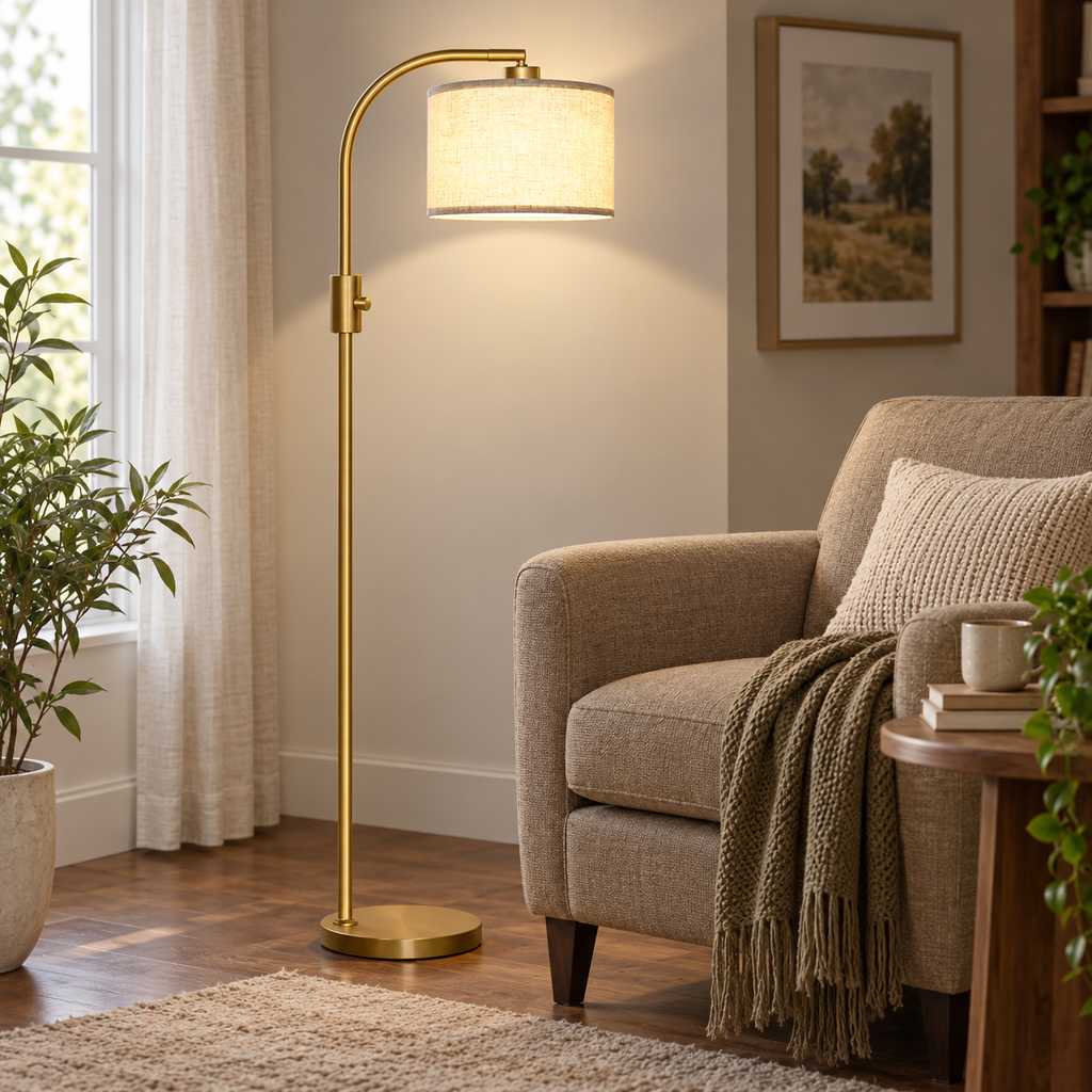 Gold arc floor lamp with a linen shade positioned next to a taupe armchair.