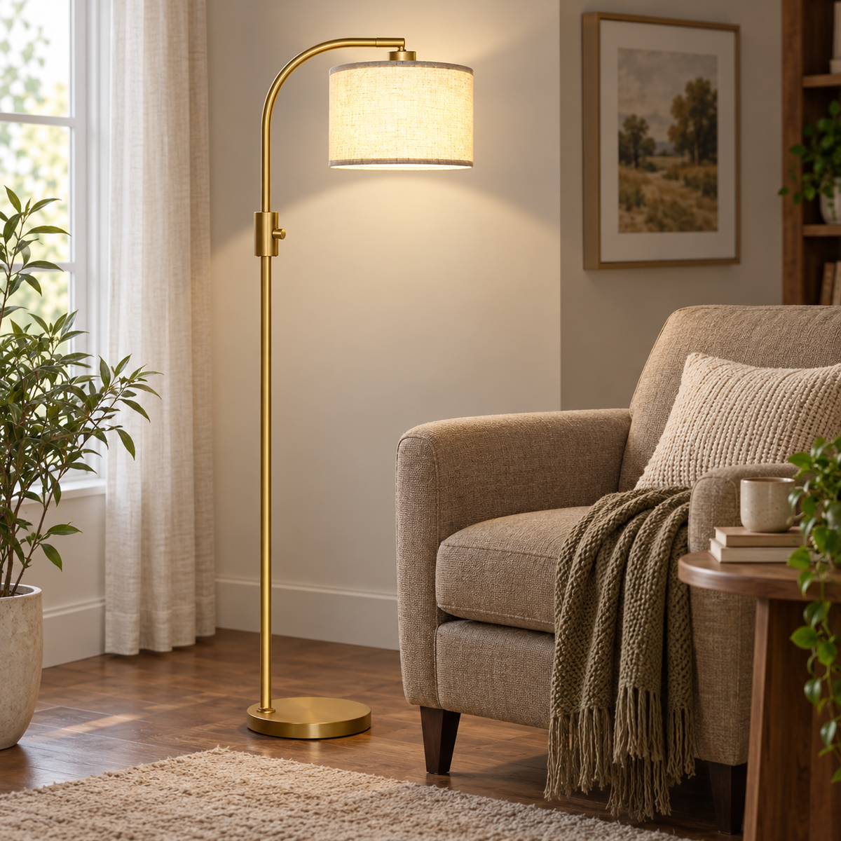 Gold arc floor lamp with a linen shade positioned next to a taupe armchair.