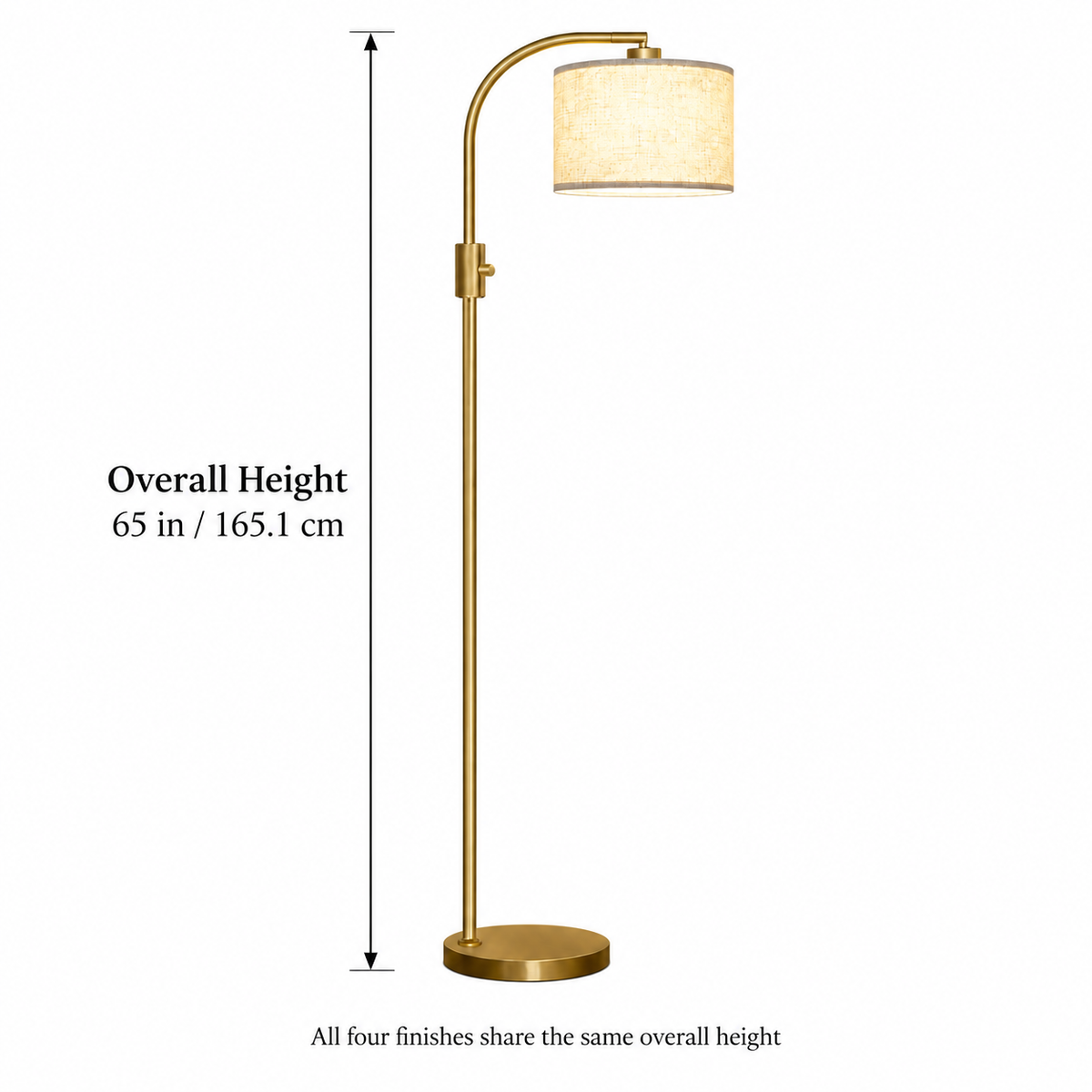 White-background overall height dimension diagram showing 65 inches or 165.1 cm.