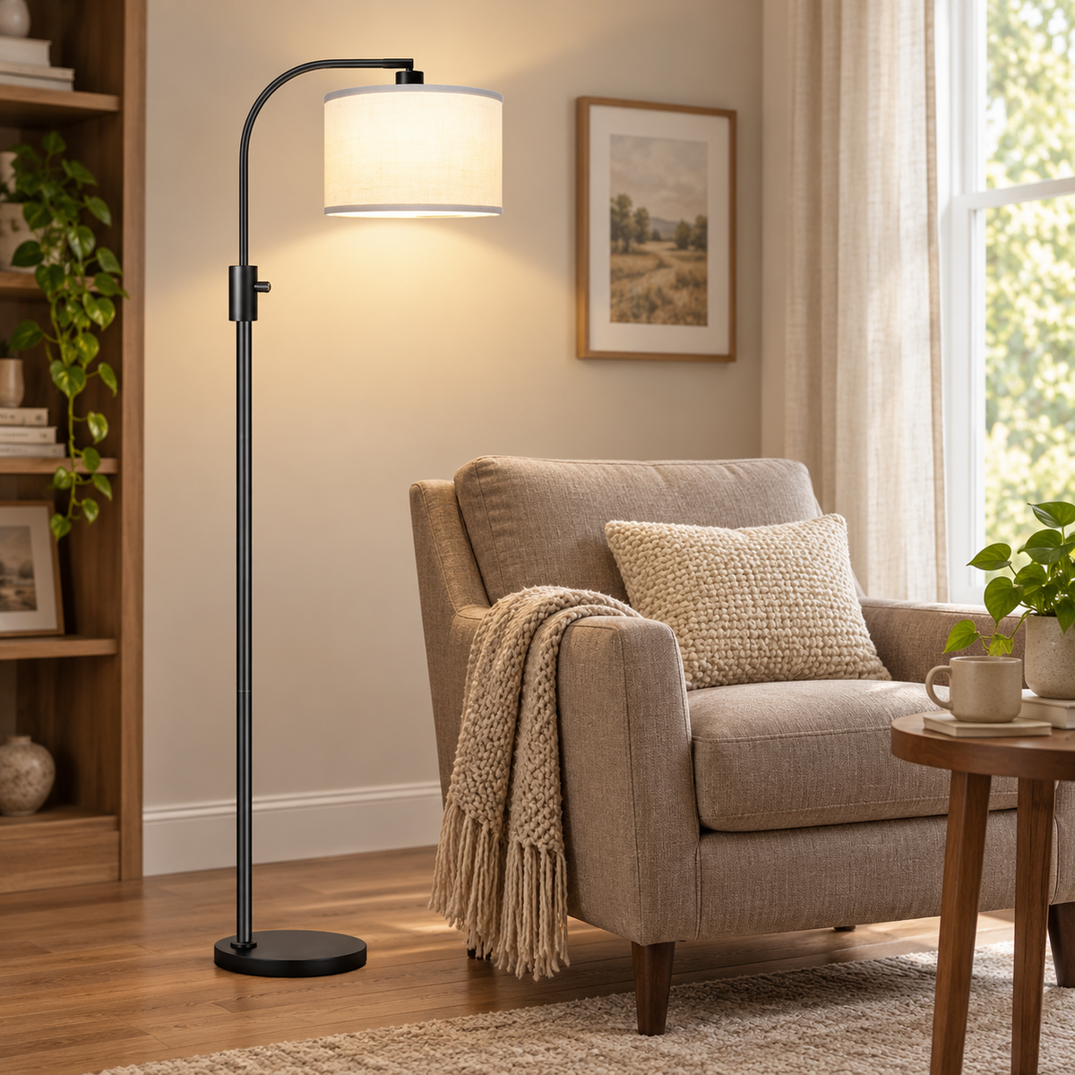 Matte black arc floor lamp featuring a white shade beside a taupe armchair.