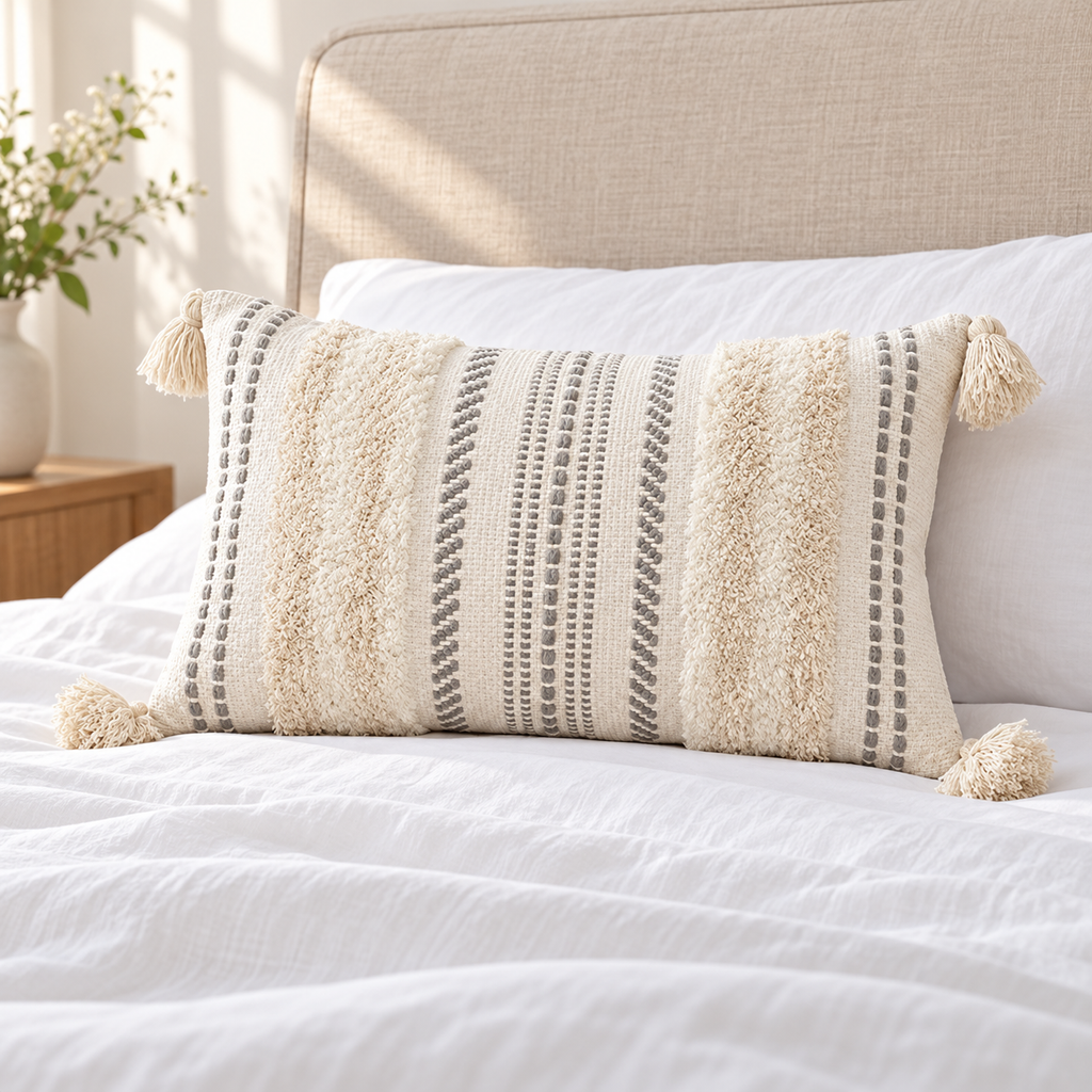 Beige and cream white 20x12 lumbar tufted pillow cover on a white bed with beige headboard.