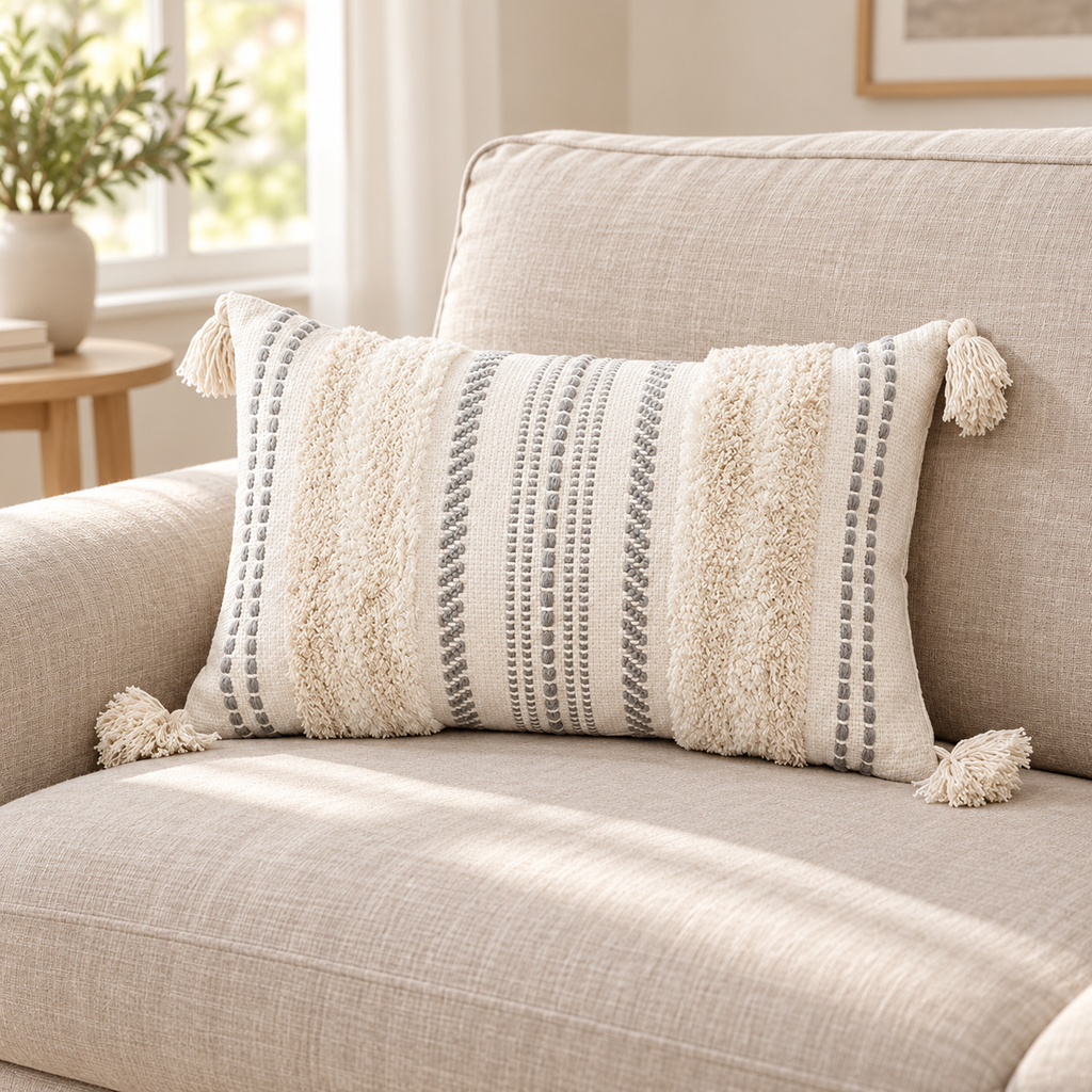 Beige and cream white 20x12 lumbar tufted pillow cover with tassels on an oatmeal sofa.