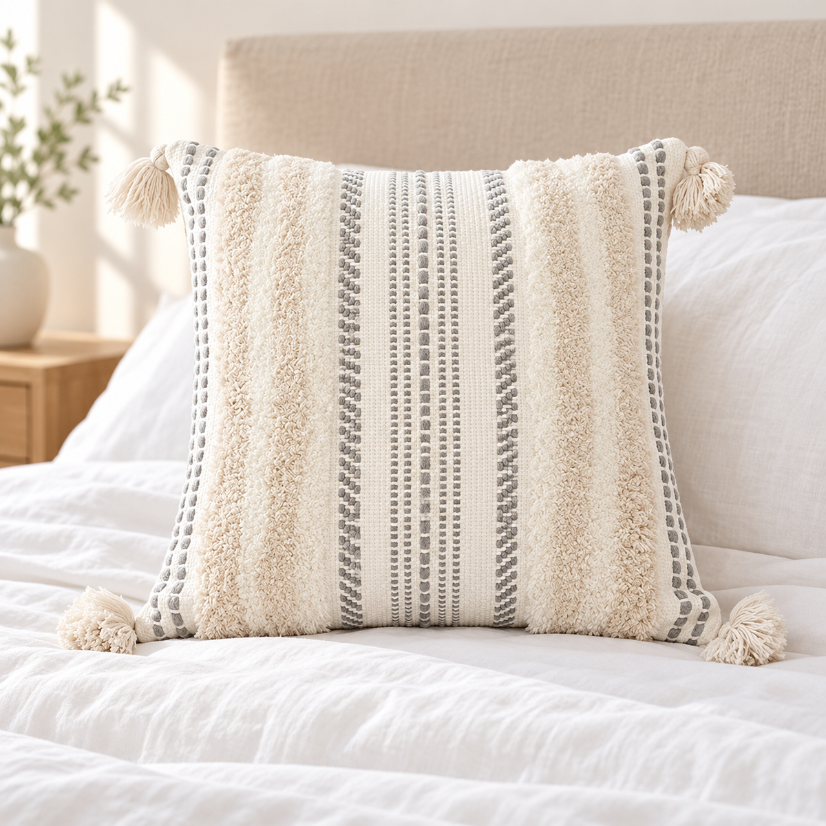 Beige and cream white square tufted pillow cover featuring fluffy tufting on a white bed.