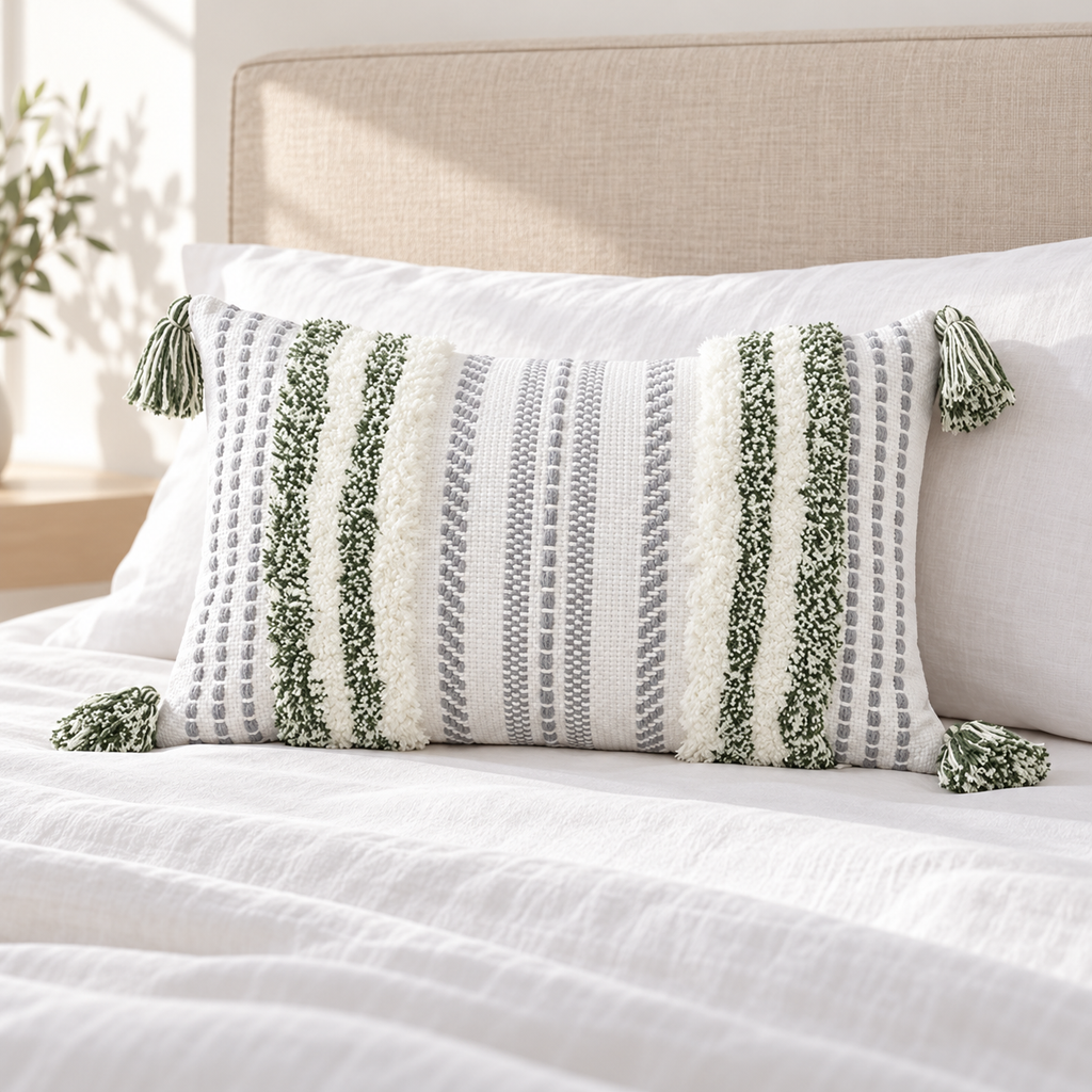Green and cream white 20x12 lumbar tufted pillow cover on a white bed with beige headboard.