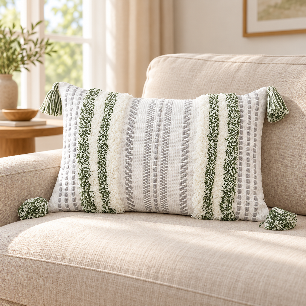 Green and cream white 20x12 lumbar tufted pillow cover with tassels on an oatmeal sofa.