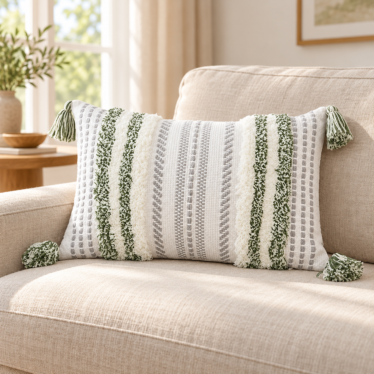 Green and cream white 20x12 lumbar tufted pillow cover with tassels on an oatmeal sofa.