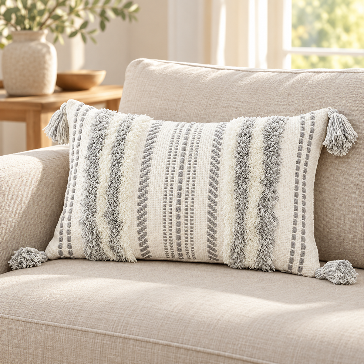 Grey and cream white 20x12 lumbar tufted pillow cover with corner tassels on an oatmeal sofa.
