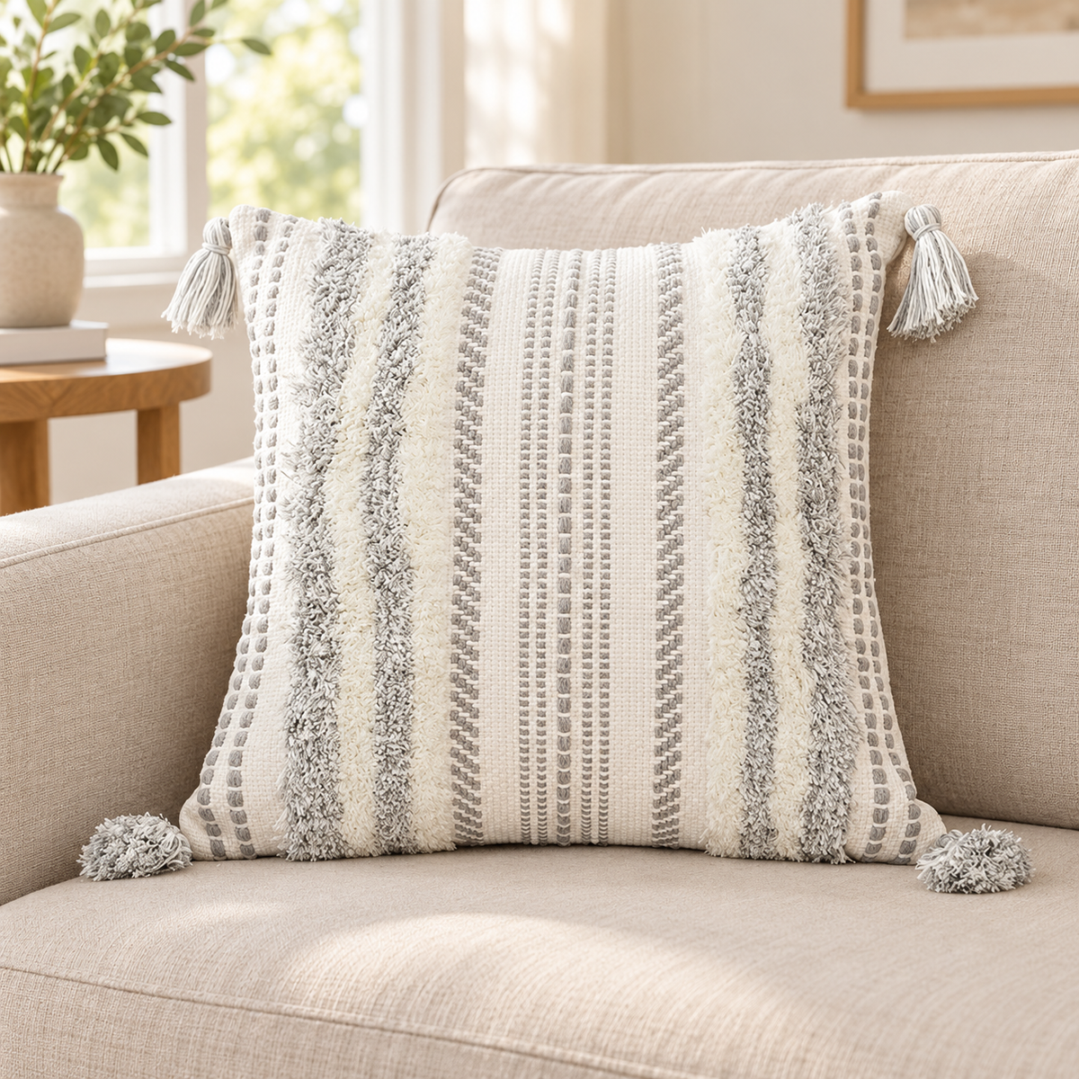 Grey and cream white square boho tufted pillow cover with tassels on an oatmeal sofa.