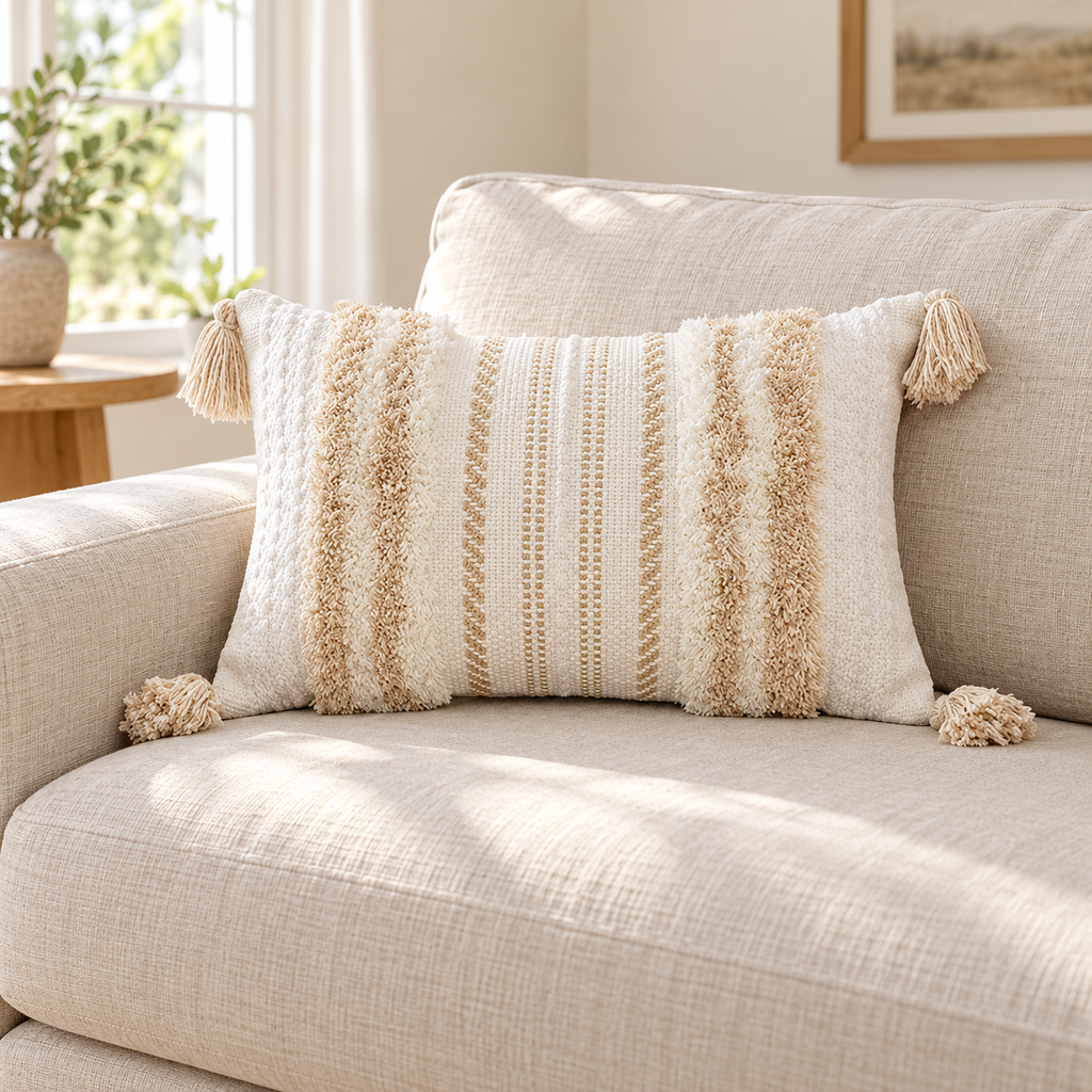 Khaki and cream white 20x12 lumbar tufted pillow cover with corner tassels on an oatmeal sofa.