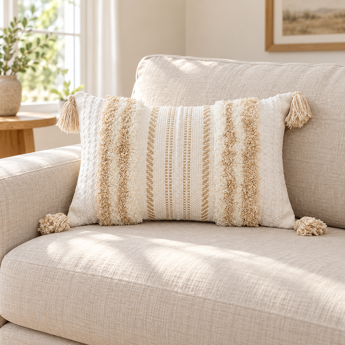Khaki and cream white 20x12 lumbar tufted pillow cover with corner tassels on an oatmeal sofa.
