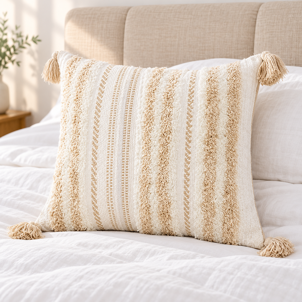 Khaki and cream white square tufted pillow cover with woven rope stripes on a white bed with beige headboard.