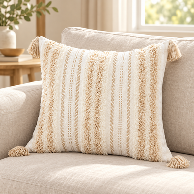 Boho Textured Tufted Throw Pillow Cover with Tassels