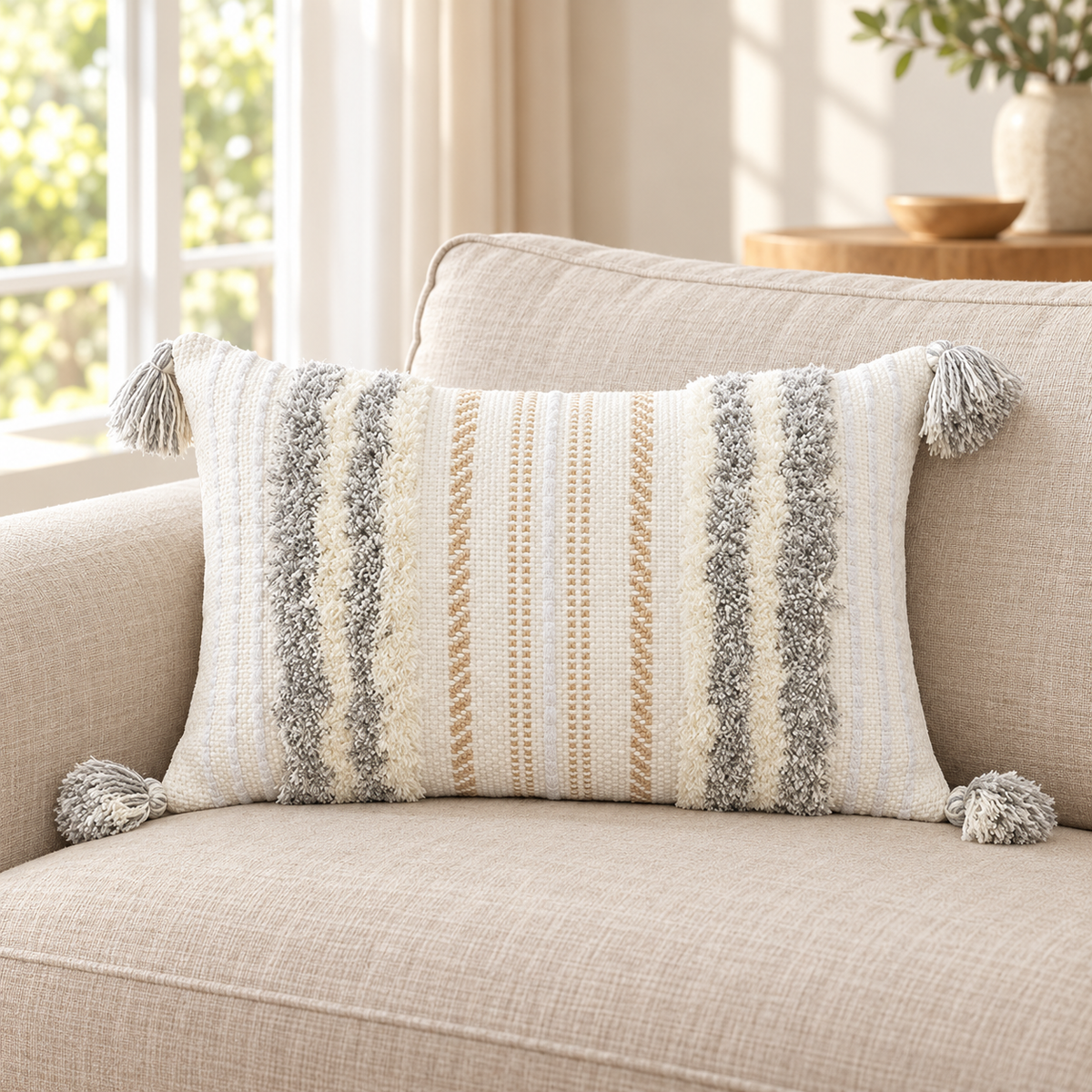 Light grey and cream white 20x12 lumbar tufted pillow cover with tassels on an oatmeal sofa.