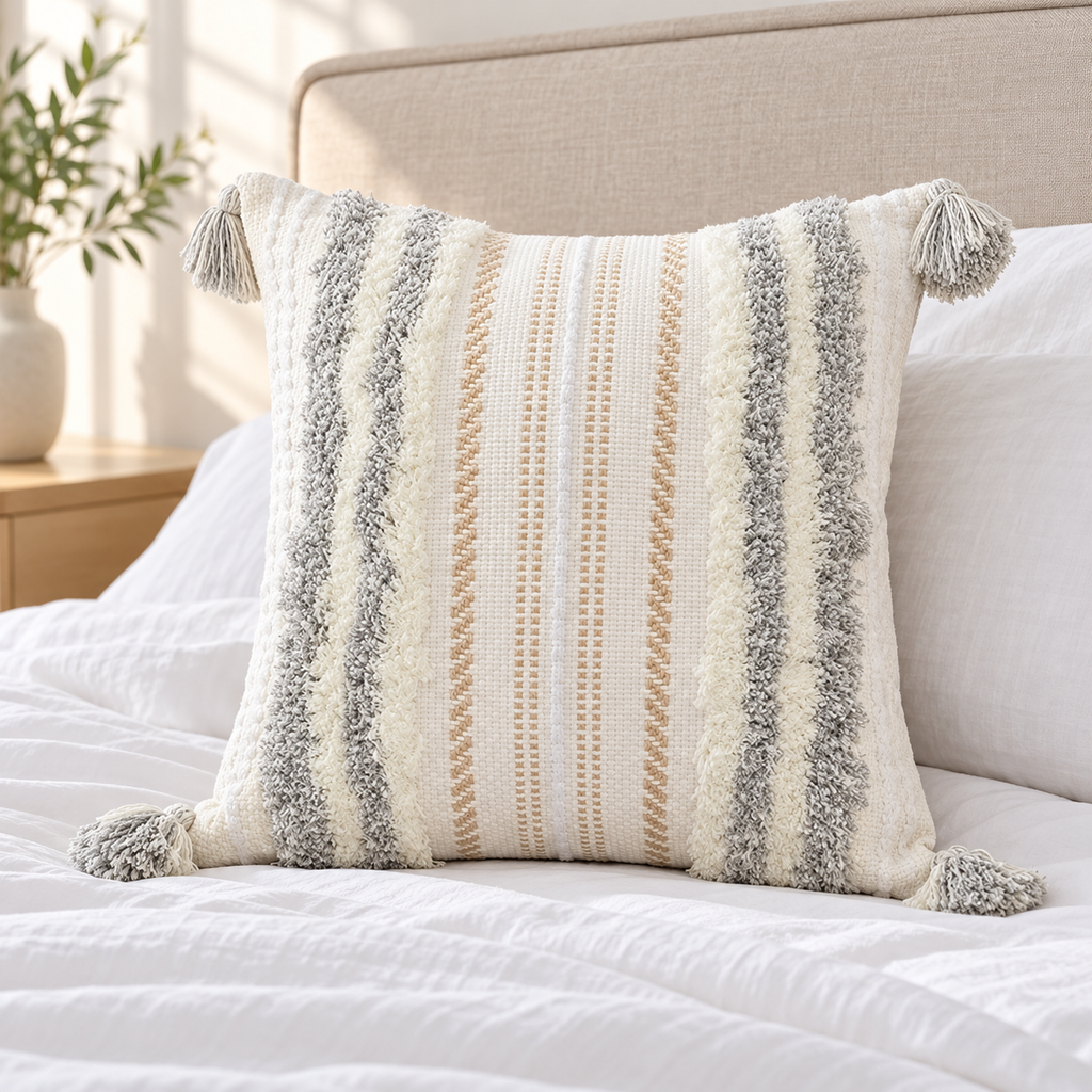 Light grey and cream white square boho tufted pillow cover with rope stripes on a white bed.