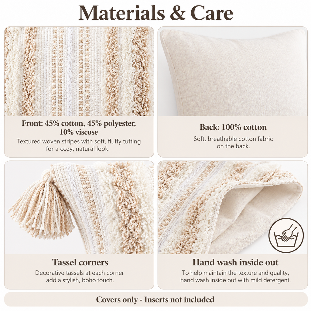 Material and care guide detailing cotton-blend tufted front, cotton back, and inside-out hand wash care.