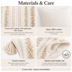 Material and care guide detailing cotton-blend tufted front, cotton back, and inside-out hand wash care.