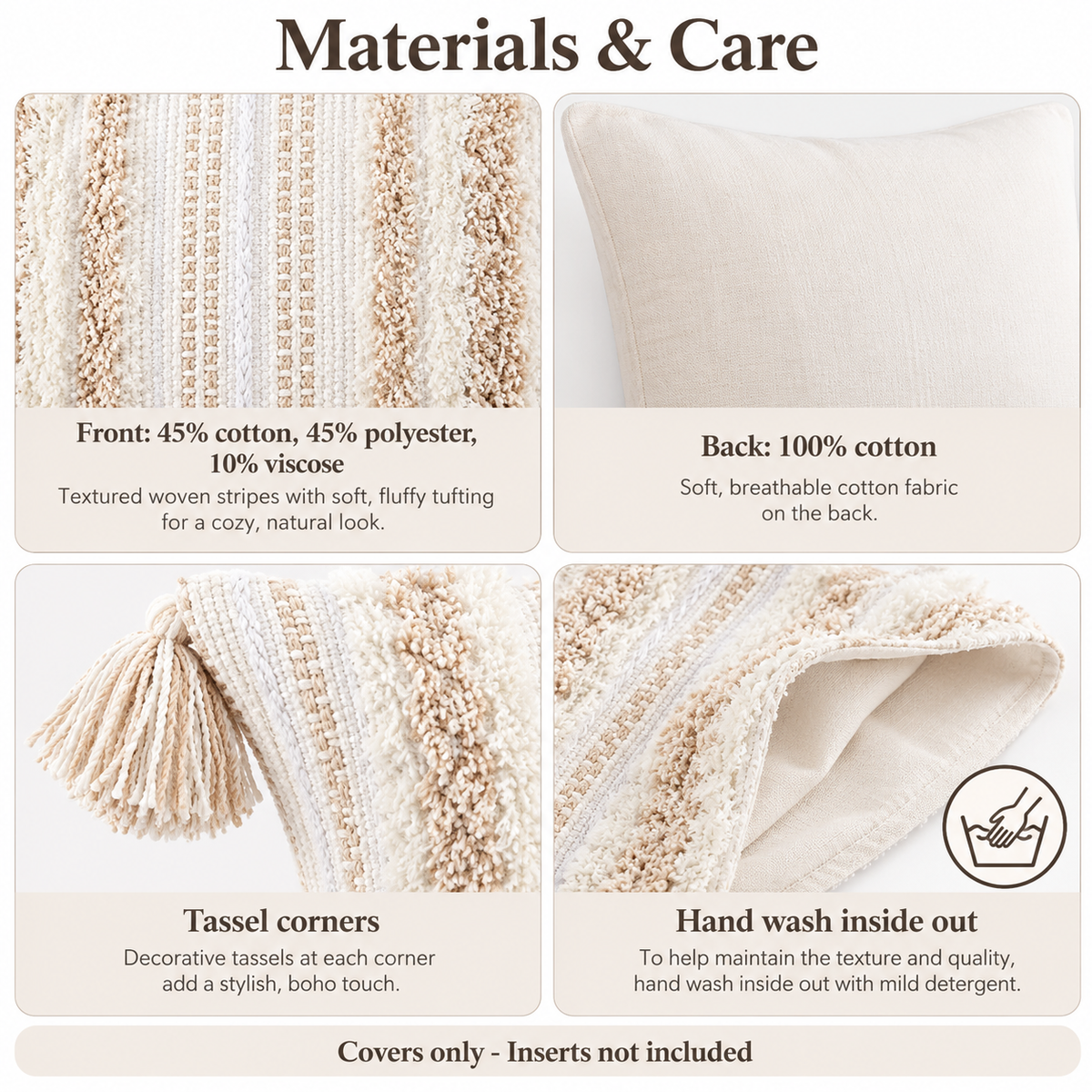 Material and care guide detailing cotton-blend tufted front, cotton back, and inside-out hand wash care.