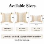 White-background size guide diagram displaying 18x18, 20x20, and 20x12 inch pillow cover dimensions.