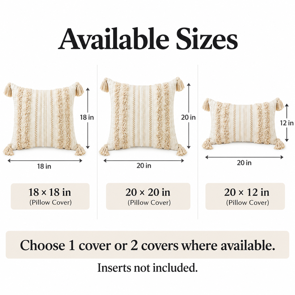 White-background size guide diagram displaying 18x18, 20x20, and 20x12 inch pillow cover dimensions.