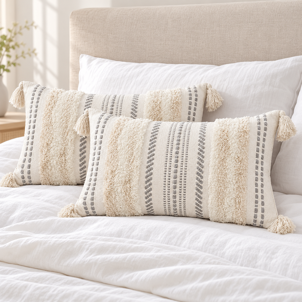 Pair of beige and cream white 20x12 lumbar tufted pillow covers styled on a white bed.
