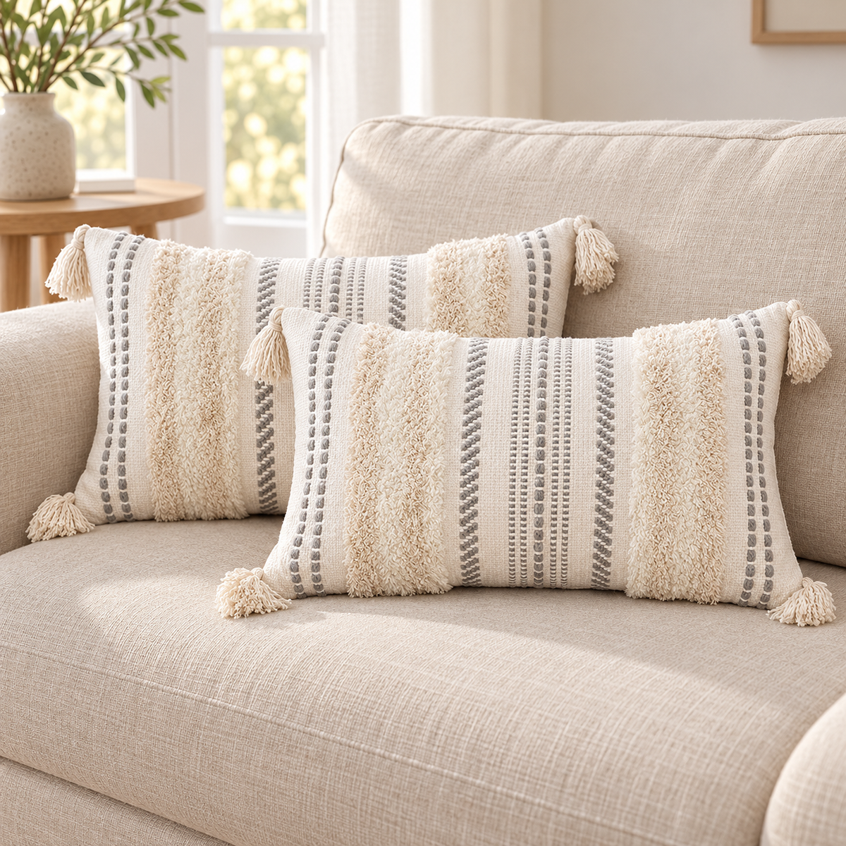 Two matching beige and cream white 20x12 lumbar tufted pillow covers with tassels on an oatmeal sofa.