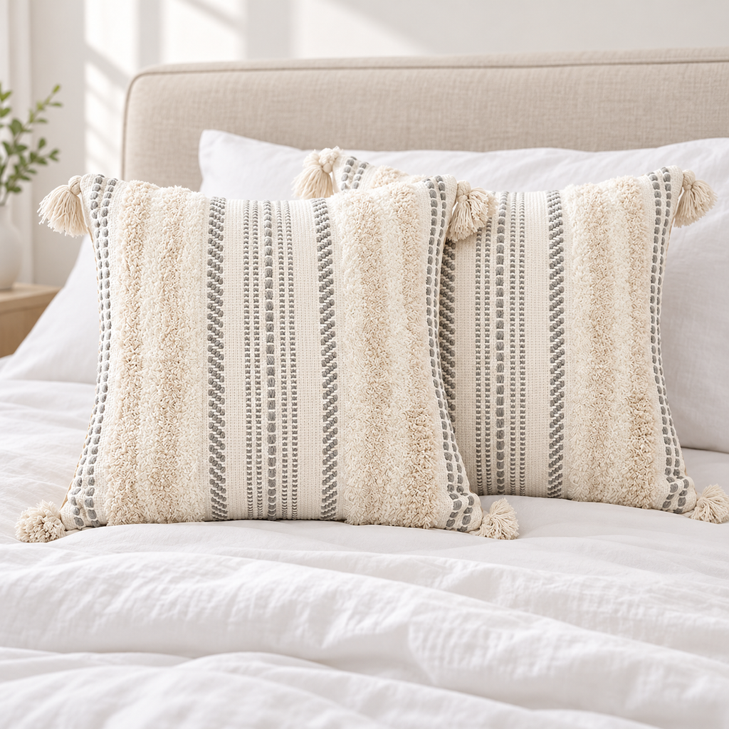 Pair of beige and cream white square boho tufted pillow covers arranged on a white bed with beige headboard.