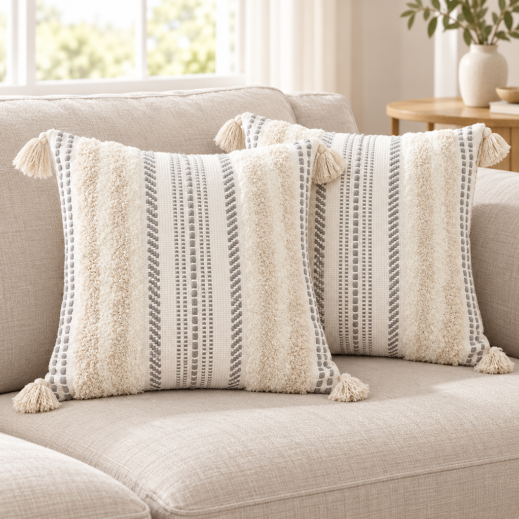Two beige and cream white square tufted pillow covers with corner tassels on an oatmeal sofa.