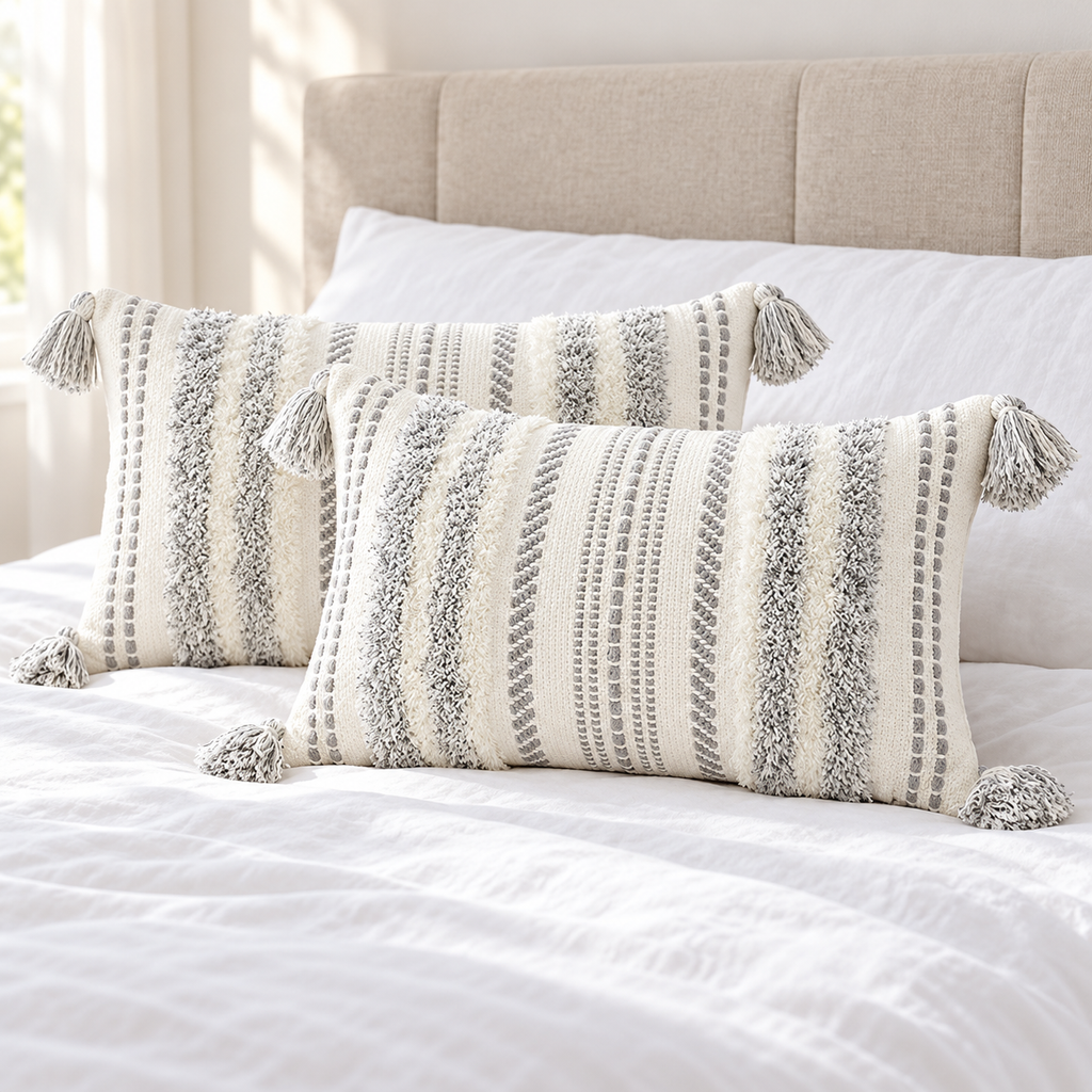 Pair of grey and cream white 20x12 lumbar tufted pillow covers styled on a white bed.