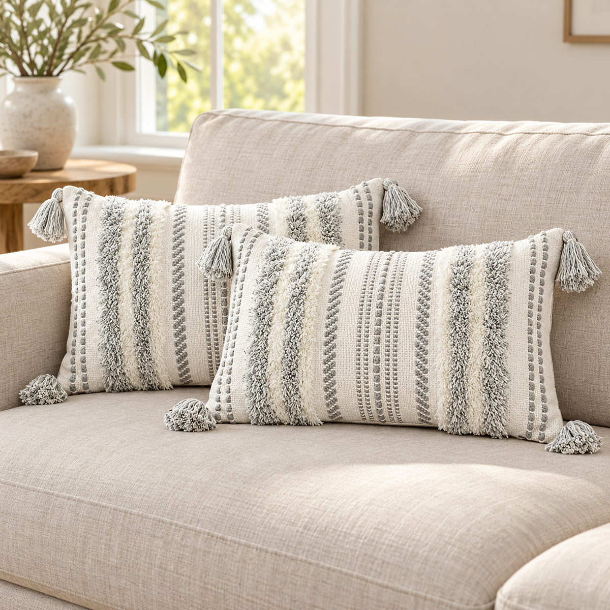Two grey and cream white 20x12 lumbar tufted pillow covers with tassels on an oatmeal sofa.