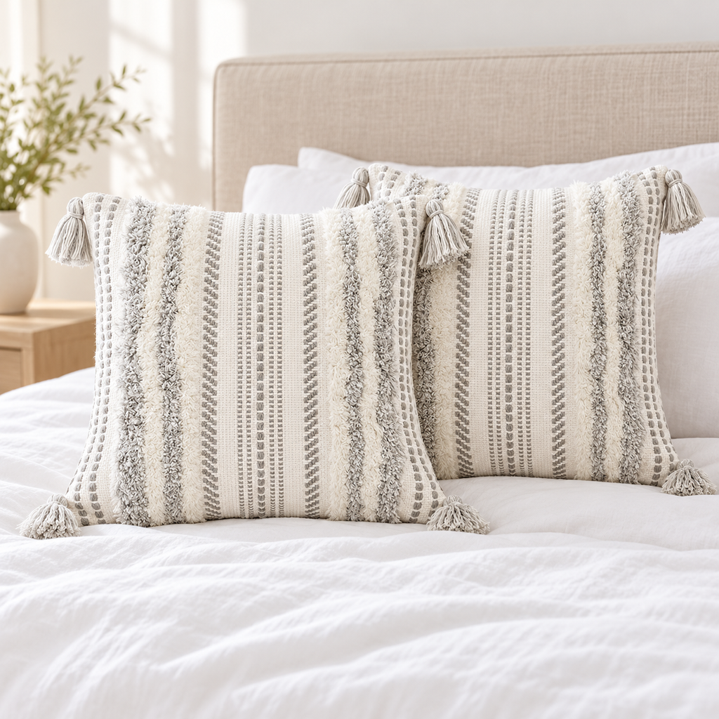 Pair of grey and cream white square tufted pillow covers on a white bed with beige headboard.