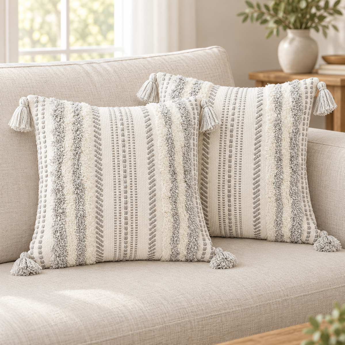 Two matching grey and cream white square tufted pillow covers with tassels on an oatmeal sofa.
