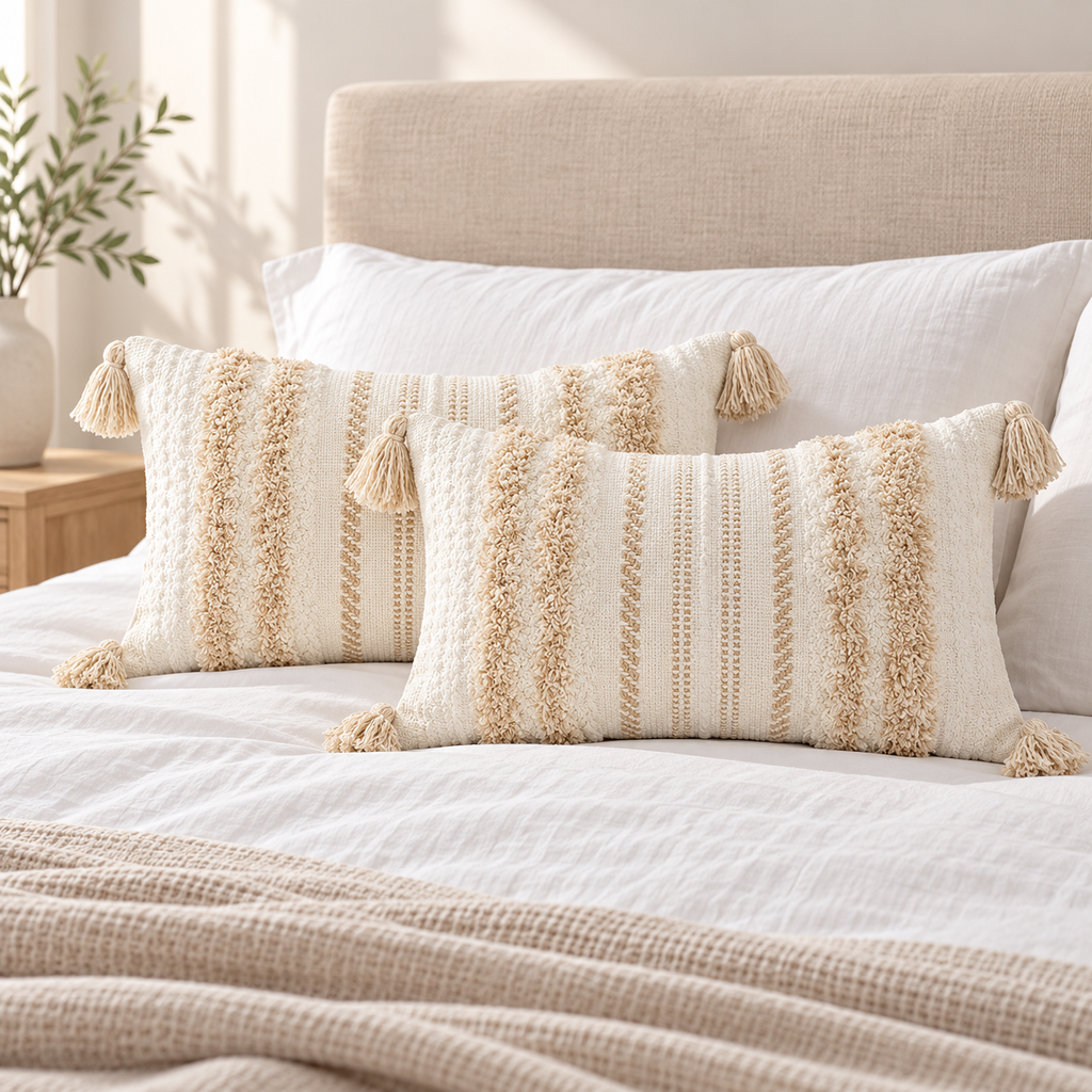 Pair of khaki and cream white 20x12 lumbar tufted pillow covers styled on a white bed.