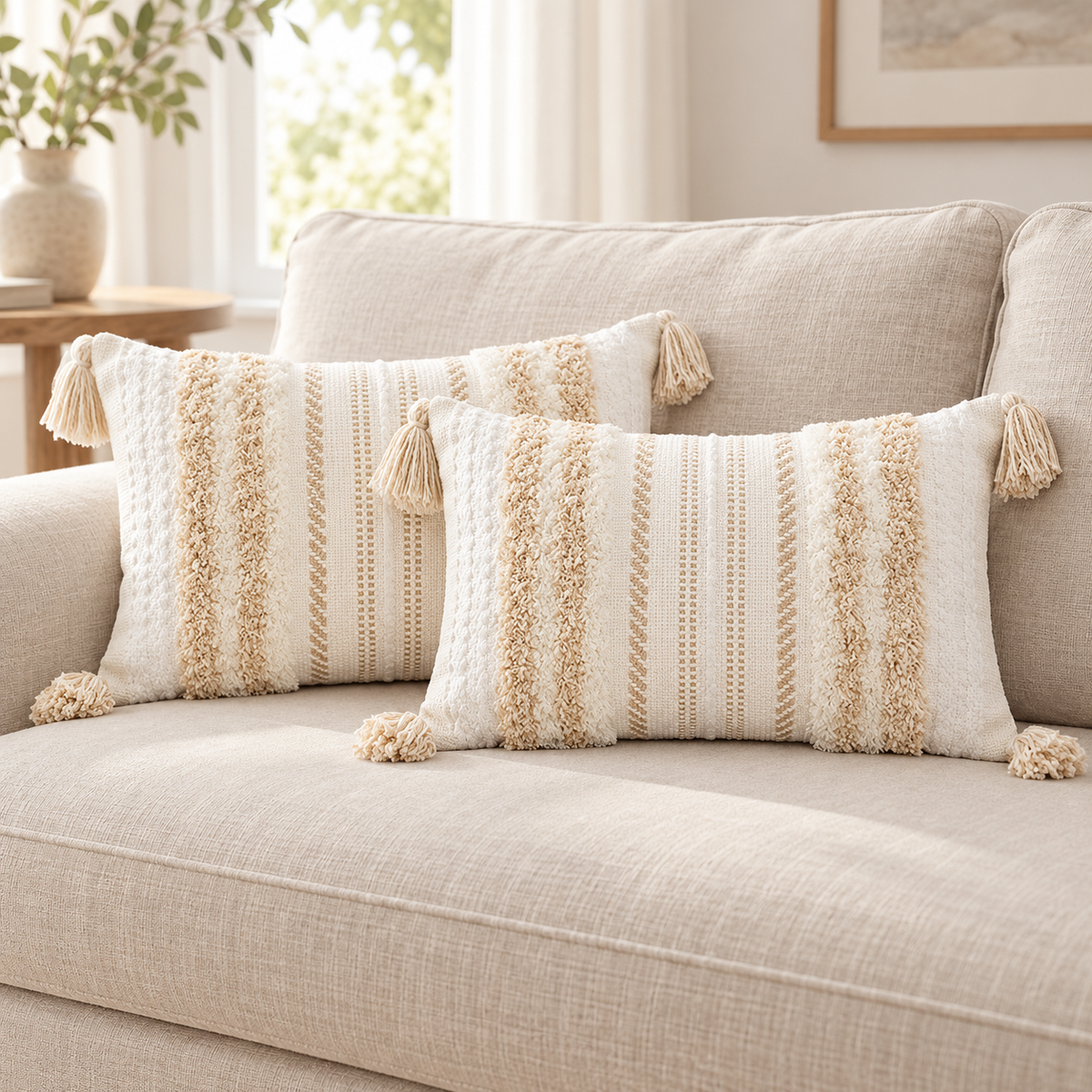 Two matching khaki and cream white 20x12 lumbar tufted pillow covers with tassels on an oatmeal sofa.