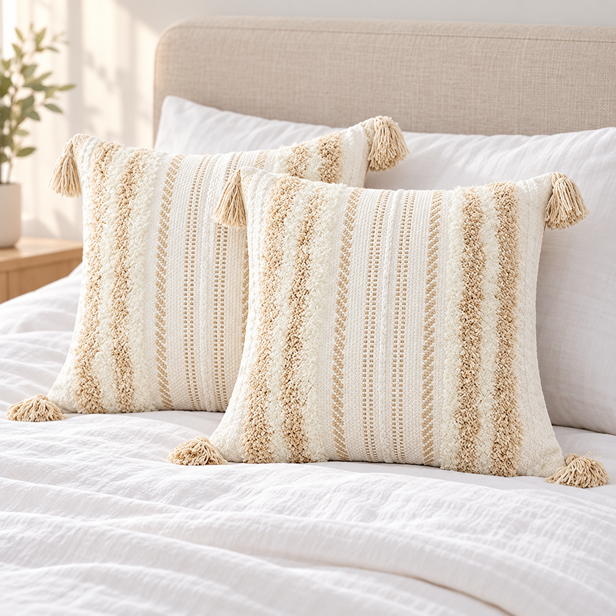 Pair of khaki and cream white square boho tufted pillow covers arranged on a white bed.
