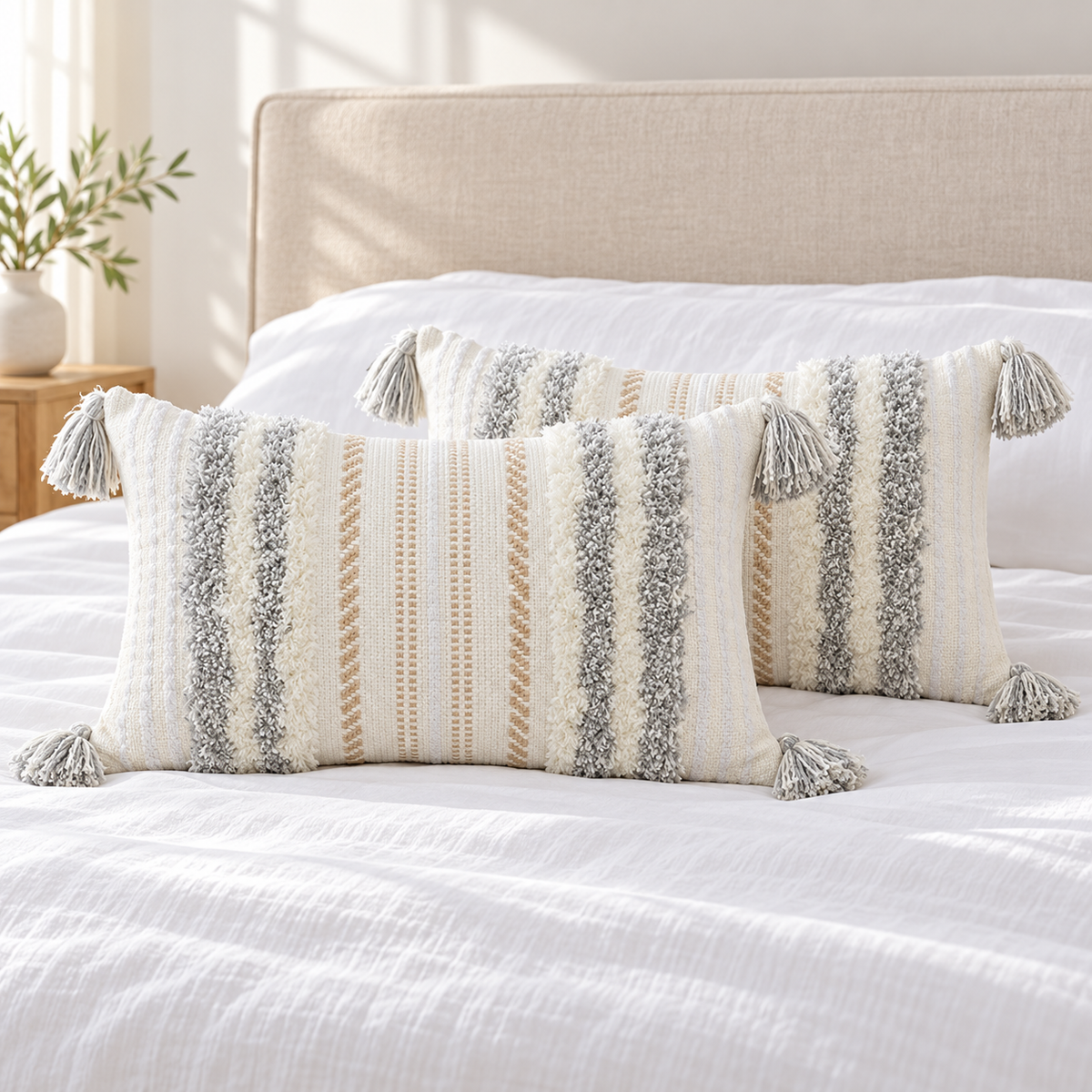 Pair of light grey and cream white 20x12 lumbar tufted pillow covers styled on a white bed.