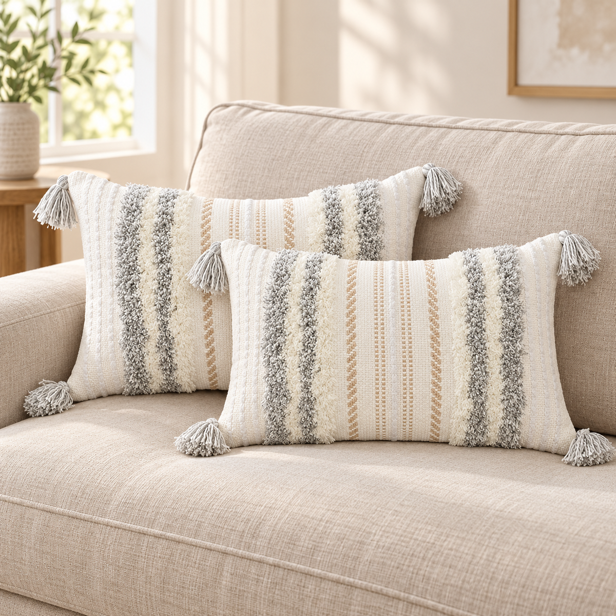 Two light grey and cream white 20x12 lumbar tufted pillow covers with tassels on an oatmeal sofa.