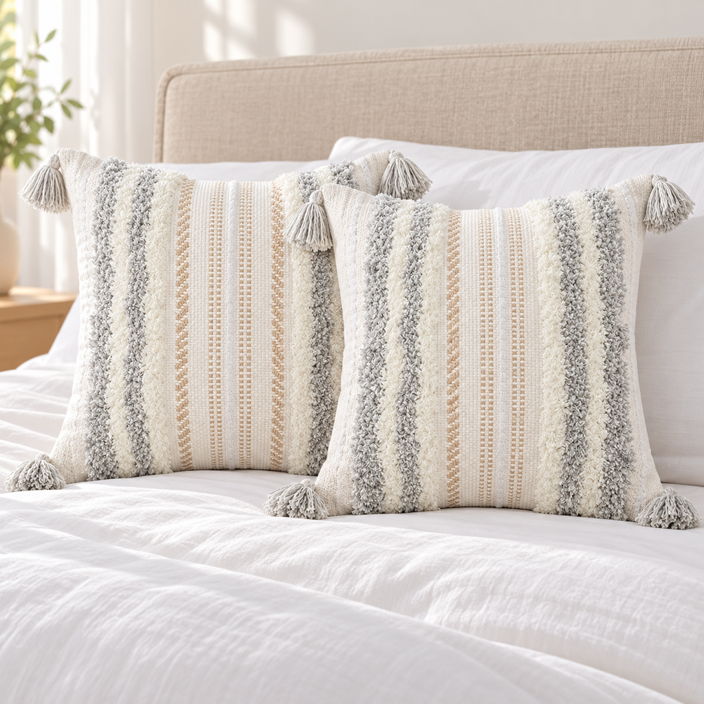 Pair of light grey and cream white square tufted pillow covers on a white bed with beige headboard.