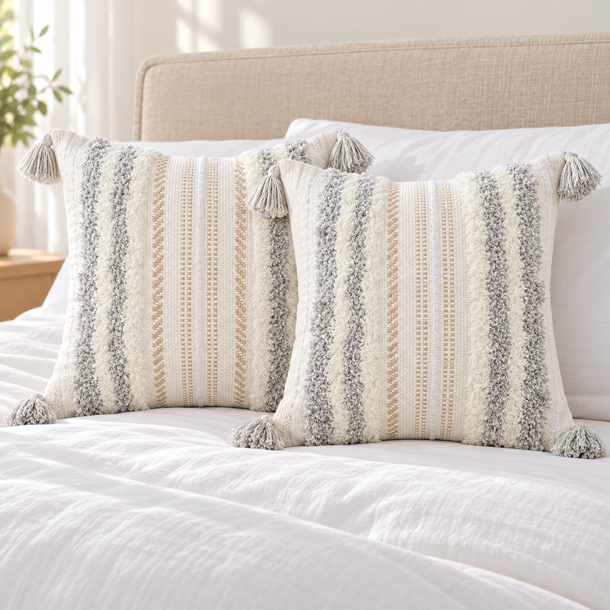 Pair of light grey and cream white square tufted pillow covers on a white bed with beige headboard.