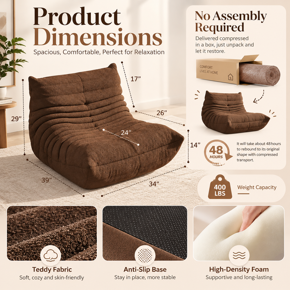 HavvakHome rich bouclé lounge chair product dimensions and feature callouts.