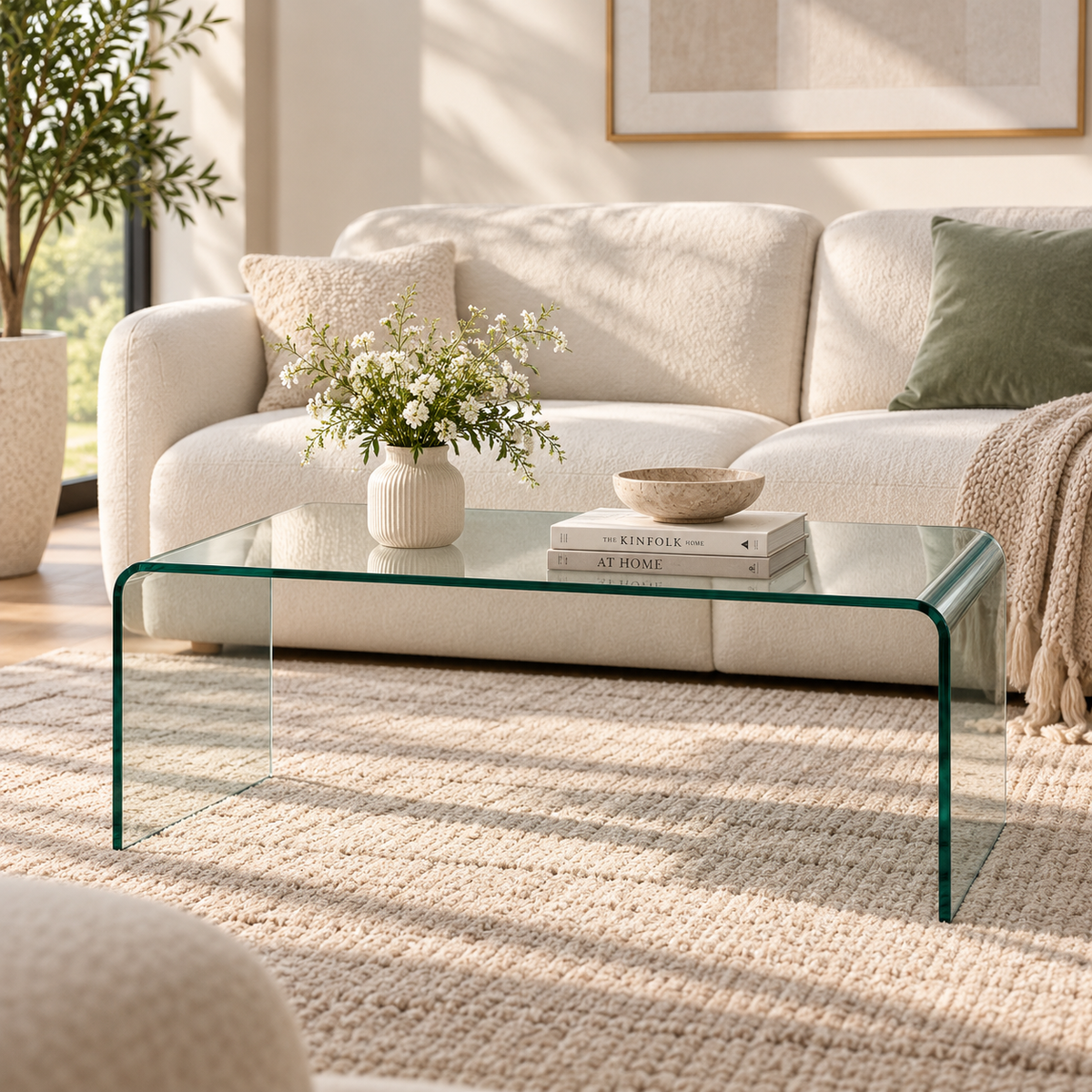 Clear bent-glass waterfall coffee table holding a white flower vase, books, and a bowl in front of a cream sofa with a sage pillow in a sunny living room by HavvakHome.