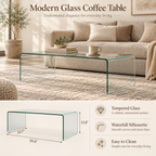 Clear waterfall tempered glass coffee table infographic featuring a living-room scene above and a width, depth, and height dimension diagram below by HavvakHome.