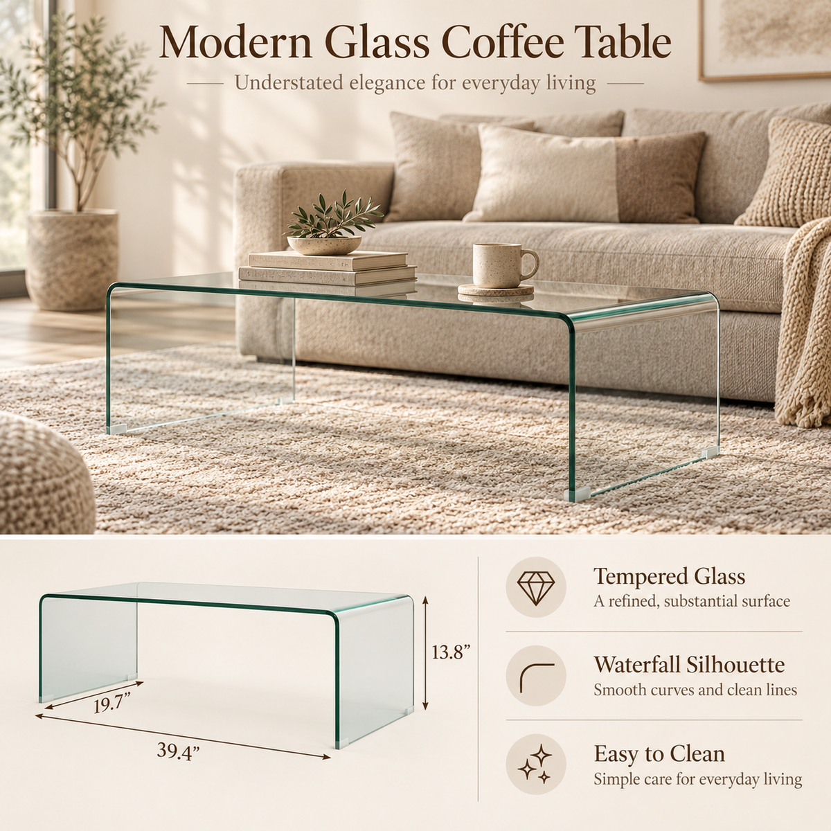 Clear waterfall tempered glass coffee table infographic featuring a living-room scene above and a width, depth, and height dimension diagram below by HavvakHome.