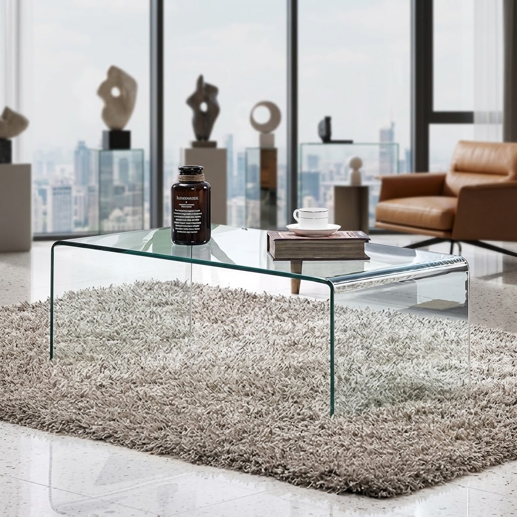 Clear waterfall glass coffee table with an amber jar, stacked books, and a white cup on a shag rug near floor-to-ceiling windows, sculptures, and a brown armchair by HavvakHome.