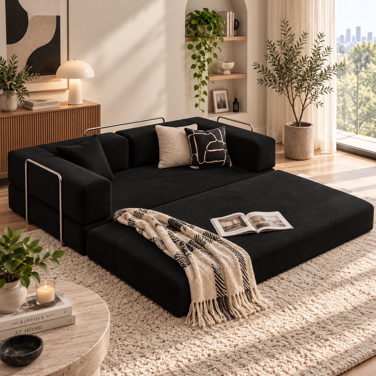 Black corduroy modular sofa bed extended with chrome side rails, cream and black pillows, patterned fringed throw, and an open book by HavvakHome.